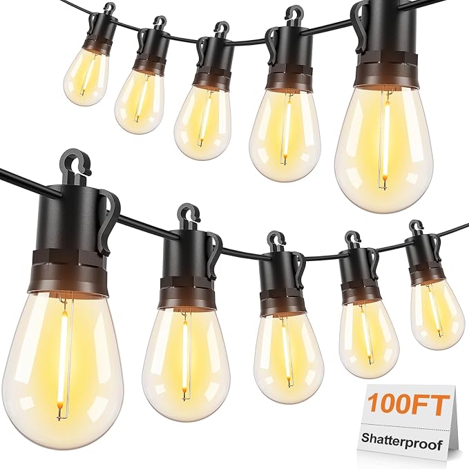 Brightever LED Outdoor String Lights 100FT Patio Lights with 30+2 Shatterproof S14 Dimmable Edison Bulbs, Vintage LED String Lights for Outside, Waterproof Bistro Lights for Party, Birthday, Holiday
