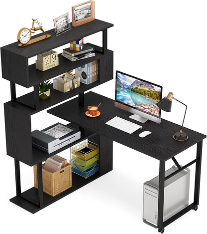 Rotating Computer Desk L-Shaped Office Desk with 5 Shelves Bookcase, Reversible Writing Desk Study Table with Wheels for Home Office, Black