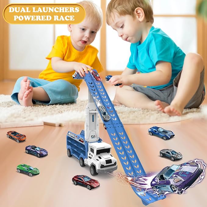 Toddler Car Truck Toys,Car Carrier Trucks Toy for Kids Age 3-5 4-8,Foldable Car Track Sets with 2.8-Ft Race Track and 6 Die-Cast Race Cars, Truck Toys Gifts for 3 4 5 6 7 8+ Year Old Boys Girls(Blue)