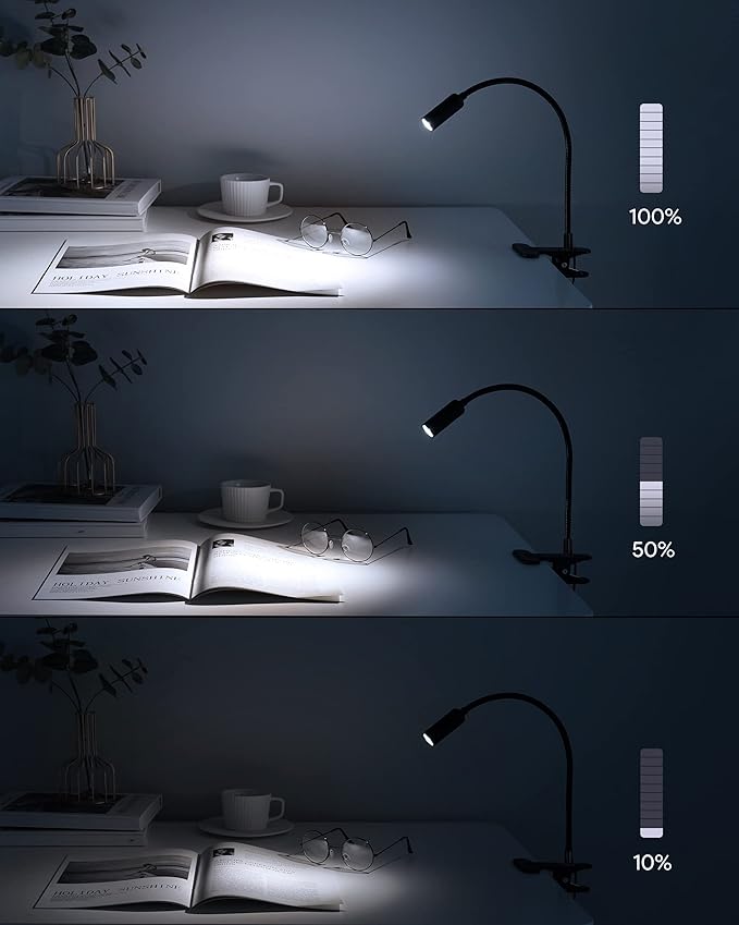 JHD Led Desk Lamp with Clamp - 10 Brightness Levels, 12" Flexible Gooseneck,USB Lamp - Suitable for Home Office, Reading, Bed Light,Quality Black Metal Clamp Light（includes charger adapter）