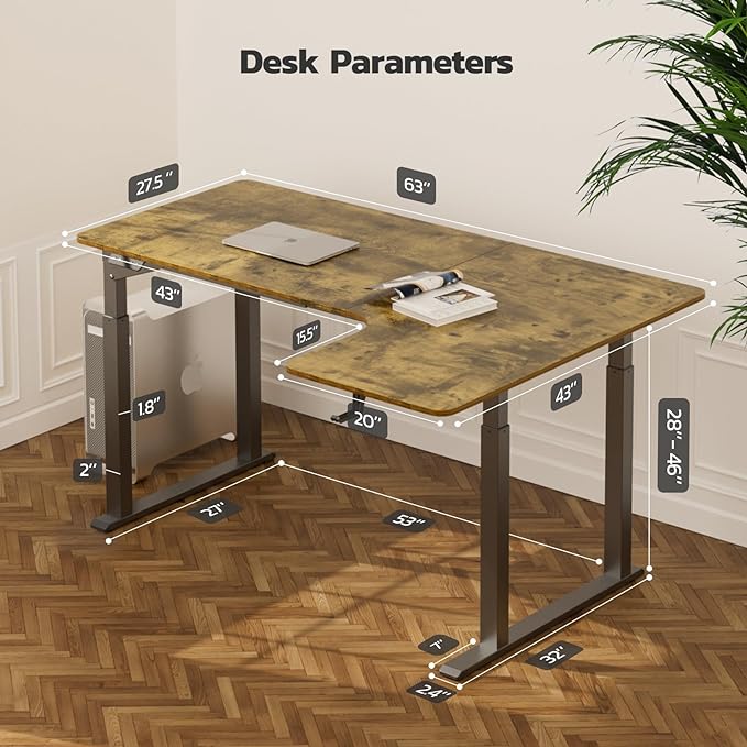 Dripex L Shaped Standing Desk, 63" x 43" Electric Standing Desk Height Adjustable, Sit Stand Home Office Corner Desk, Dual Motor Corner Standing Desk with 4 Legs