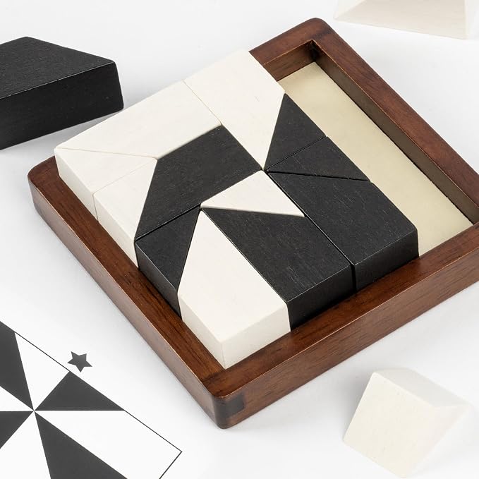 Wooden Hidden Blocks Puzzle Game - 80 Brain Challenges with Solid Wood Box & Deluxe Black and White Pieces, 3D Logic & Spatial Thinking Tabletop Toy, Perfect for Family Fun & Creative Gifts