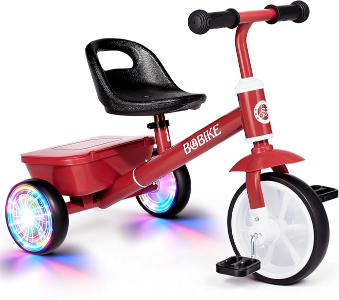 Bobike Toddler Tricycle for Ages 2-5 Years, Tricycle with 2 LED Light Wheels, Toddler Bike with 3-Position Seat and Rear Basket, Kids Bike Gift for Boys & Girl (Red)
