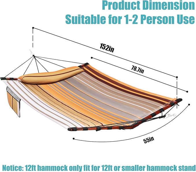 TegerDeger 12FT 2 Person Hammock Large Hammock 450LB Capacity with V Shaped Hardwood Spreader Bar & Nylon Rope for Outside, Patio, Garden, Backyard, Beach, Poolside - Fall Yellow Stripes
