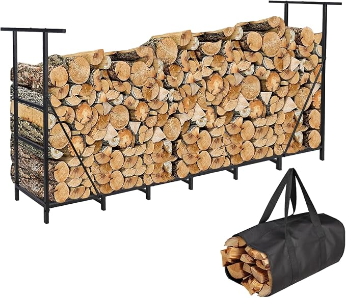 Vailge Firewood Rack Outdoor 8FT with Waterproof Firewood Carrier Bag, Adjustable Heavy Duty Steel Firewood Holder Storage, Log Rack for Fireplace, Fire Pit, Backyard, Camping