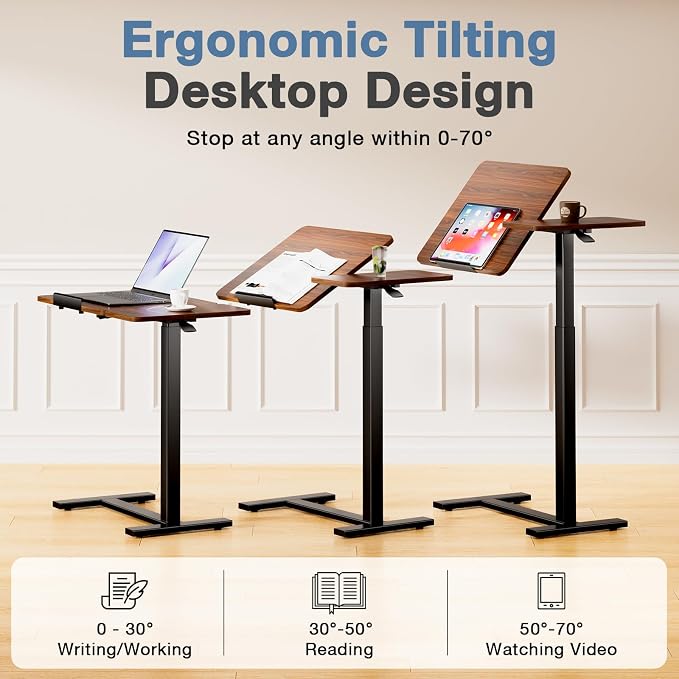 Adjustable Standing Desk Rolling Laptop Table with Wheels, Brown | Tiltable Desktop Design for Comfortable Work, Reading and Study Spaces
