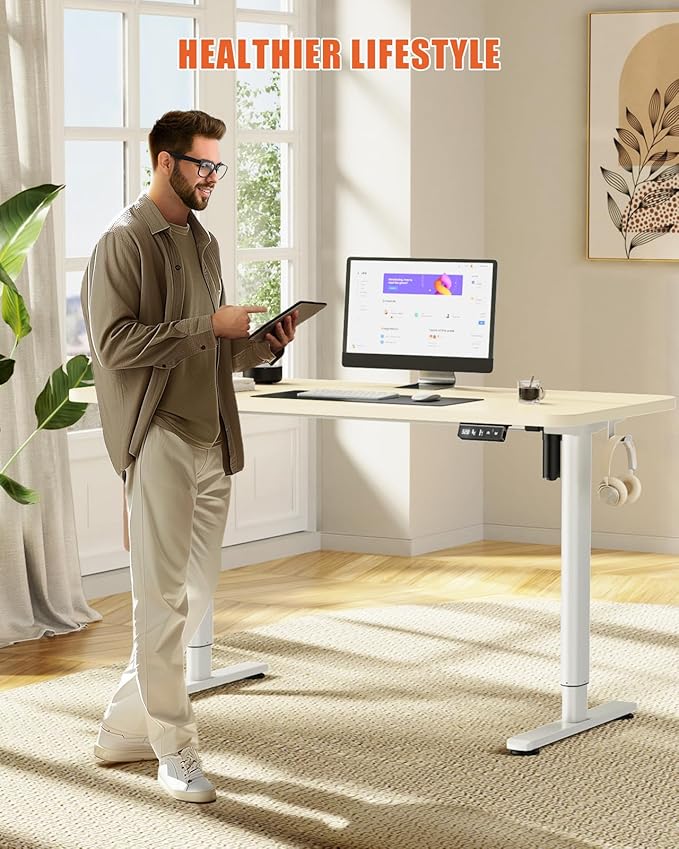 Electric Standing Desk Adjustable Height Stand Up Desk, 55" x 24" Sit Stand Desk, Low Noise Home Office Desk, Computer Desk with Splice Board, Child Lock & Memory Function, Maple
