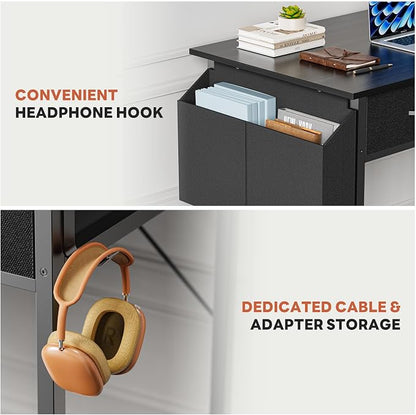 DUMOS 32" Home Office Computer Desk with Drawers, Small Gaming Writing Study Table with Storage Side Bag, Headphone Hook and Adjustable Feet for Bedroom Black | Home Office Desk for Bedroom, Gaming Writing Study Desk with Adjustable Feet