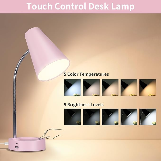 RUNTOP Pink Desk Lamp, Desk Lamps for Home Office, Desk Light for Kids, Desktop/Computer Study Lamps, Bedrooms Adjustable Gooseneck Reading Lamp with USB Port, 5 Brightness Levels, 5 Color Temperature