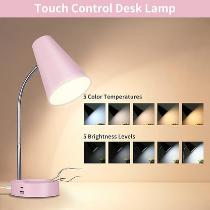RUNTOP Pink Desk Lamp, Desk Lamps for Home Office, Desk Light for Kids, Desktop/Computer Study Lamps, Bedrooms Adjustable Gooseneck Reading Lamp with USB Port, 5 Brightness Levels, 5 Color Temperature
