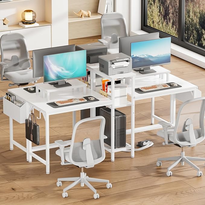 Furologee 2 Person Gaming Desk with LED Lights, 71 Inch Computer Desk with Power Outlets and Monitor Stand, Double Desk with Storage Bag and Headphone Hooks, Study Writing Table for Home Office, White
