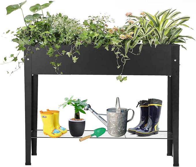 Piksedo Raised Garden Bed, Elevated Planter Metal Plant Box with Legs Standing Garden Stand Drainage Holes Frosted Black