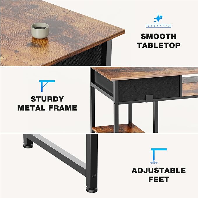 OLIXIS Gaming Desk, Computer Desk with Storage, Fabric Drawers, 48 Inch | Home Office for Small Space Bedroom, Study Work Writing PC Table, Compact Rooms, Brown