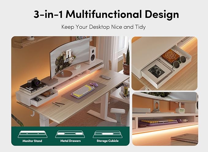 FEZIBO 60 × 26 Inch Electric Standing Desk with Monitor Stand, Height Adjustable Table with LED Strips, Ergonomic Home Office Furniture with 2 Drawers Storage Gaming Workstation, Light Walnut Top