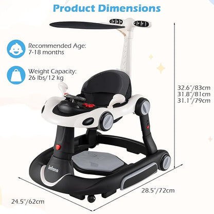 INFANS 6-in-1 Foldable Baby Walker, Converts Push Car to Bouncer, Rocker with Music, Lights, Adjustable Height & Speed, Activity Center, Canopy for 7-18 Months (Dark)