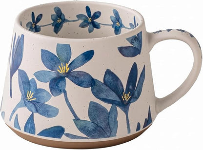 Ceramic Coffee Mug, 13oz Floral Design Pottery cute mugs, Ideal Gift for Women unique vintage pretty coffee mugs (Blue Bulky Flower Mug)