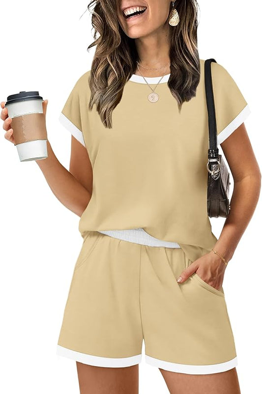 WIHOLL Two Piece Sets for Women Summer Lounge Short Sets Cap Sleeve Crew Neck Sweatsuit with Pocket XS-2XL