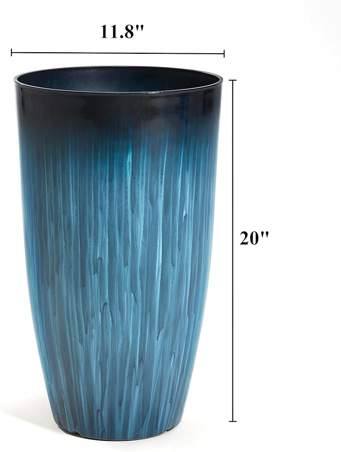Worth Garden 20" H. Large Plastic Planters - Set of 2 Gradient Blue Glossy Smooth Finish - Tall Plant Pots for Indoor & Outdoor Use - Decorative Lightweight Flower Pots for Front Porch, Patio, Deck