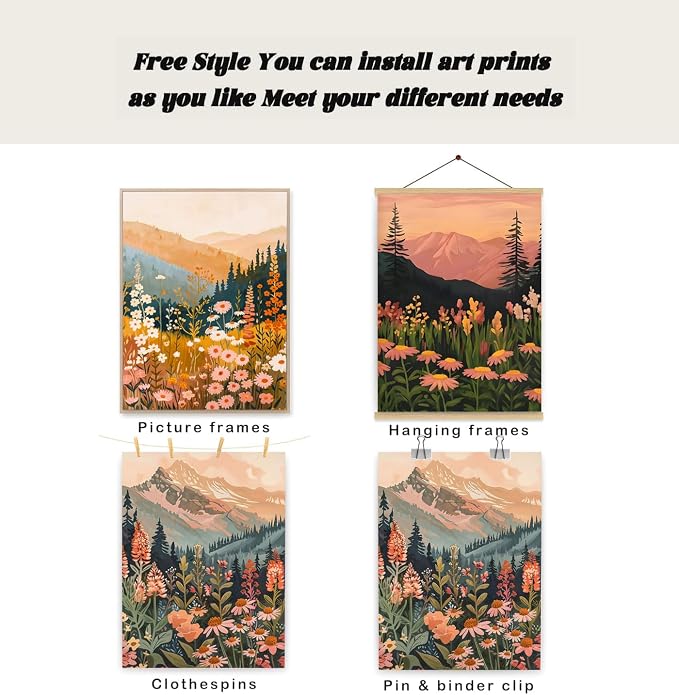 Boho Colorful Watercolor Mountain Posters Wall Art Set of 3 Wildflower Canvas Wall Decor Abstract Nature Landscape Artwork Paintings Picture Print for Living Room Bedroom Office 16x24In Unframed