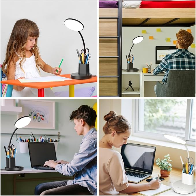comzler Small Desk Lamp, LED Desk Lamps with Pen Phone Holder, Black Desk Light for Home Office,8W 3 Modes Dimmable LED Desk Light for Kids, Desktop Study Lamps for Bedrooms