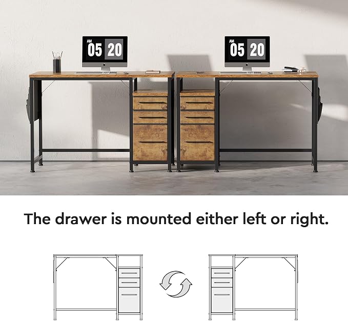 Maihail Small Desk with Drawers, Office Desk with Storage Shelves, Brown2 | 40 Inch Desktop, Metal Frame, 3 Fabric Drawers, Storage Shelves, Computer & Writing Desk, Office Gaming Workstation