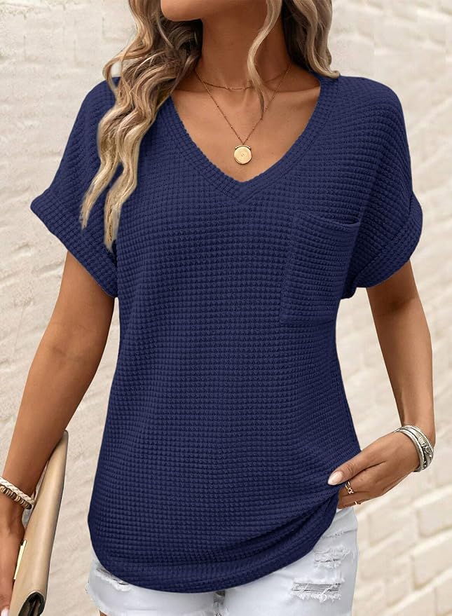 Dokotoo Womens Waffle Knit Tops 2026 Spring Summer V Neck Shirts Casual Trendy Women's Blouses Basic Tee