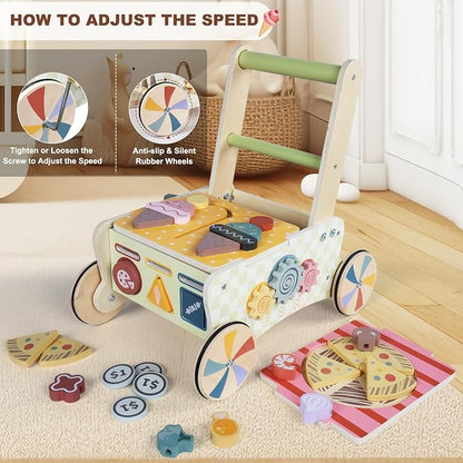 Wooden Baby Walker with Wheels, Montessori Kitchen Walking Toys, Pretend Play Grocery Toys, Sorting and Stacking Toys for Infants and Toddlers, Push and Pull Learning Activity Walkers