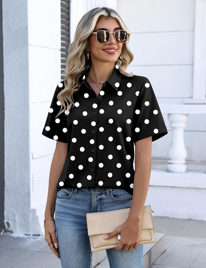 Zeagoo Button Down Shirts for Women Short Sleeve Collared Tops Dressy Casual V Neck Blouses