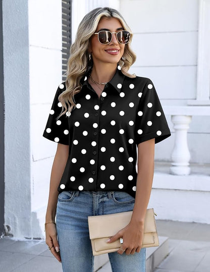 Zeagoo Button Down Shirts for Women Short Sleeve Collared Tops Dressy Casual V Neck Blouses