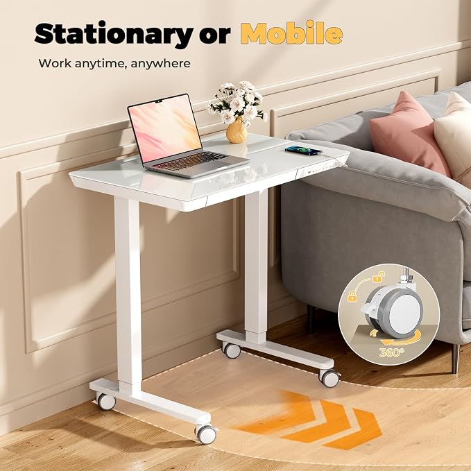 32" Glass Standing Desk with Drawer, Small Electric Desk | Height Adjustable Quick Install One-Piece Tabletop with USB Charging Ports, Sit Stand Computer Desk for Compact Space, White