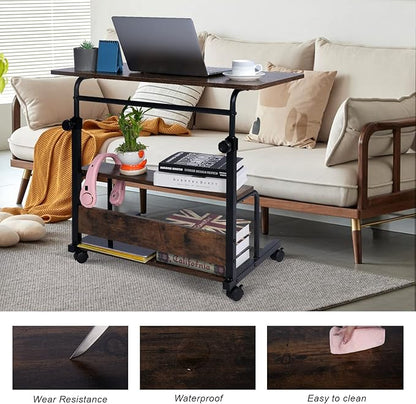 Portable Desk Small Desks for Small Spaces Laptop Table Rustic Rolling Adjustable Desk on Wheels Mobile Couch Desk for Bedroom Home Office Computer Standing Desk Student Desk with Storage 32x16 Inch