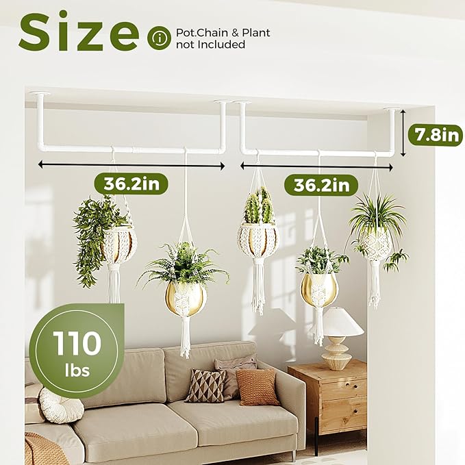 Bamworld Hanging Planters 2PCS for Indoor Plants Hanging Plant Holder Plant Hanger Indoor Ceiling Window Plant Shelves Wall Mount Black Metal Rod(Pot&Plant Not Included) White