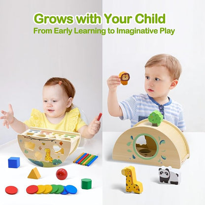 Montessori Busy Box for Toddlers 1-3, Wooden Object Permanence Coin Box with Shape Sorter & Animal Matching, Fine Motor Sensory Learning Toy with Wobble Base, Gift for 1 2 3 Year Old