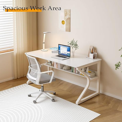 OSCHF 47.3-Inch Writing Desk with Storage Shelf, Warm White | Space-saving, Single-Person Workstation, Modern Study Gaming Computer Desk, Suitable for Home Office, Bedroom and Dorms