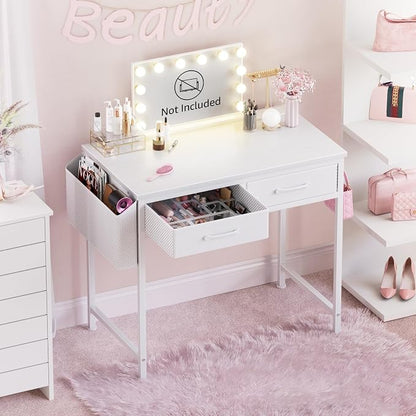 DLisiting 32 Inch Small White Desk with 2 Drawers, Study Writing Computer Desk with Storage Drawer for Bedroom Home Office, Vanity Table Without Mirror for Girls Small Spaces