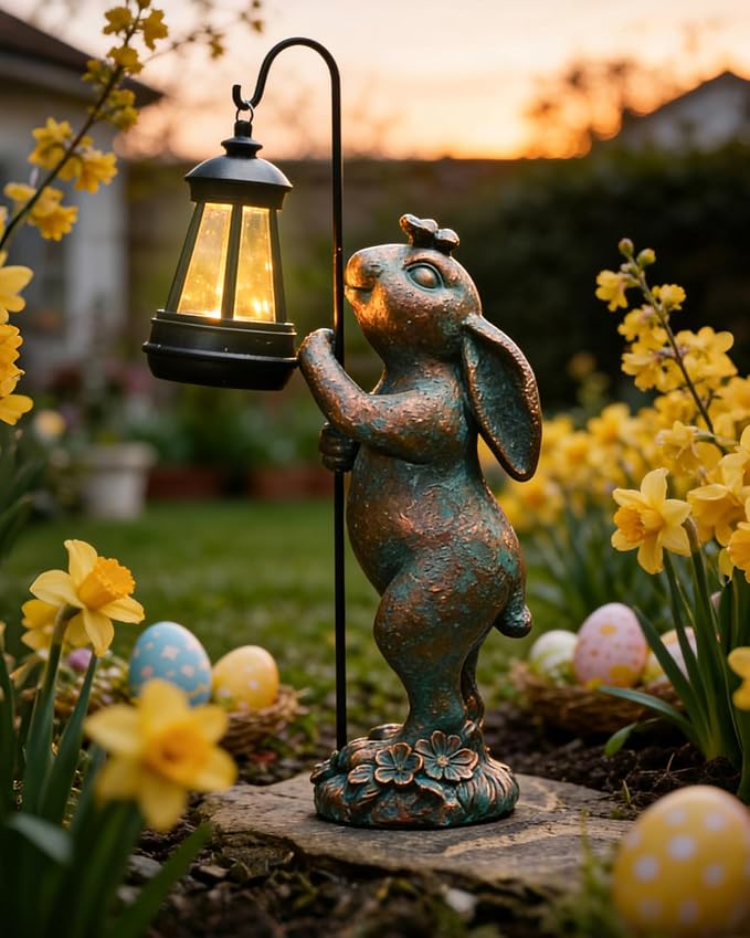 Pohabery Garden Statues Outdoor Bunny with Solar Lantern – Rabbit Yard Decor, Waterproof Resin Figurine Pathway Light for Easter Housewarming Gifts for Lawn & Patio