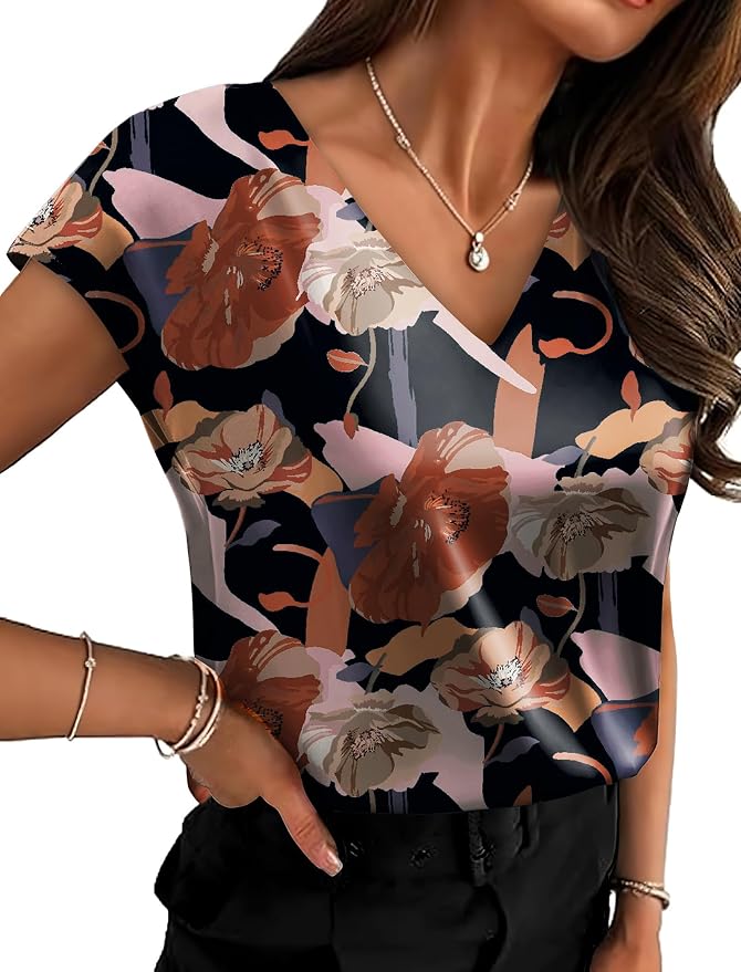 WIHOLL Womens Satin Summer Tops Cap Short Sleeve Blouses V Neck Shirts Business Casual Outfits Fashion Clothing 2026