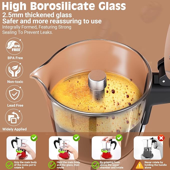 6 Cup 300ml Glass Moka Pot, Stovetop Espresso Maker, Red | Crystal Glass-top & Stainless Steel Coffee Maker, Induction Compatible, for Greca de Cafe, Cuban and Italian Coffee Brewing
