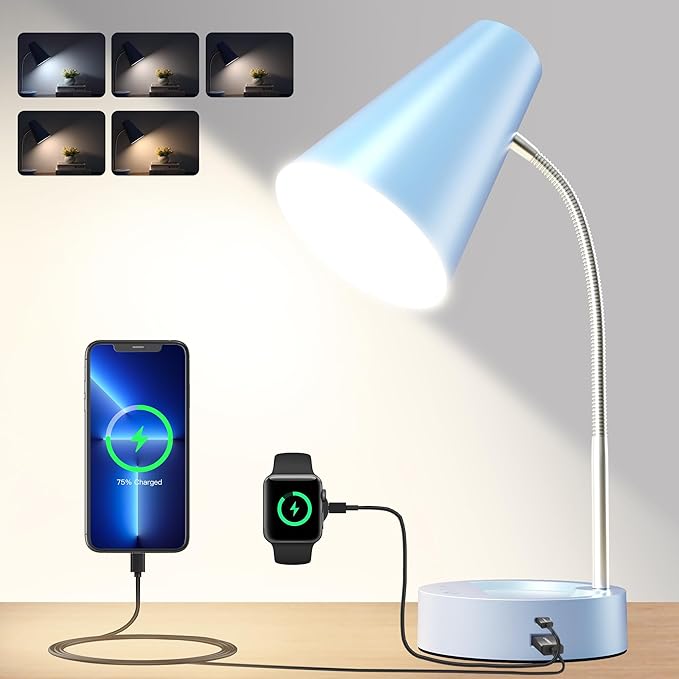 RUNTOP Metal Desk Lamp, Eye-Caring Table Lamp, Study Lamps with Flexible Goose Neck for Bedroom and Office, Desk lamp with USB, 5 Color Temperatures, 5 Brightness Levels (Blue)
