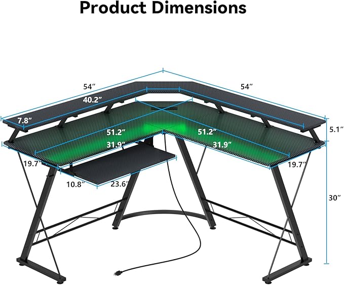 L Shaped Gaming Desk with LED Lights and Power Outlet, Computer Desk with Monitor Stand, Untimate Corner Desk with Hooks and Keyboard Tray, Carbon Fiber, Black