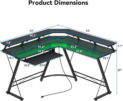 L Shaped Gaming Desk with LED Lights and Power Outlet, Computer Desk with Monitor Stand, Untimate Corner Desk with Hooks and Keyboard Tray, Carbon Fiber, Black
