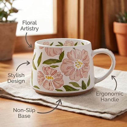 Ceramic Coffee Mug, 13oz Floral Design Pottery cute mugs, Ideal Gift for Women unique vintage pretty coffee mugs (Pink Bulky Flower Mug)