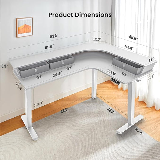 ErGear 65'' L Shaped Standing Desk for Gaming, [3 Drawers & 2 Cable Management Trays] Corner Stand up Desk [Compatible w/C-Clamp Mount] Height Adjustable for Home Office, White