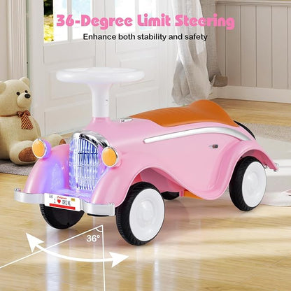 Costzon Toddler Ride On Toy, Classic Foot to Floor Sliding Car w/Steering Wheel, Horn, Headlights & Under Seat Storage, Kids Push Ride-Ons, Retro Baby Ride On Toys for Boys Girls 19-36 Months (Pink)
