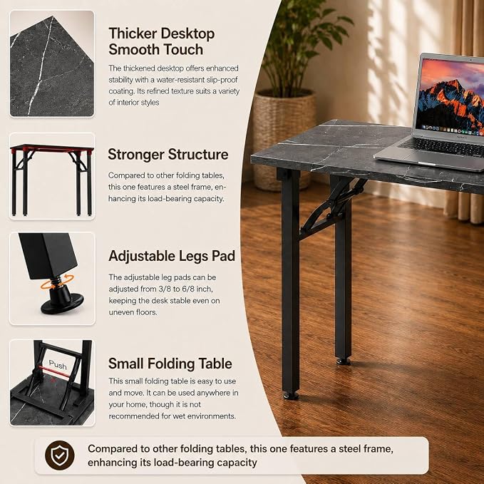 Folding Table Computer Desk - 35.8" No Assembly Folding Desk Design and Foldable Office Desk, Small Desk for Bedroom, Compact Storage Portable Use for Dorm and RV Small Space, Marble Greige