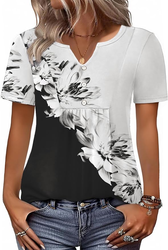 Zeagoo Womens Short Sleeve Tops Summer Henley V-Neck Tshirts Casual Pleated Blouse Dressy Loose Floral Basic Tee