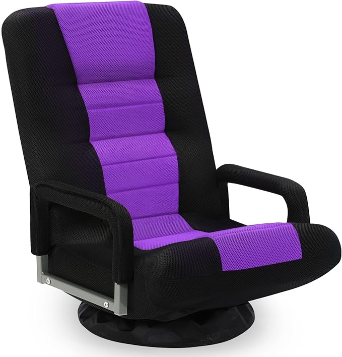 Swivel Floor Gaming Chair w/Armrests,Folding Video Reclining Sofa w/6 Adjustable Position, Padded Backrest & Cushion, Lazy Lounger Couch for E-Sports, Reading, Relaxing, Watching TV, Purple