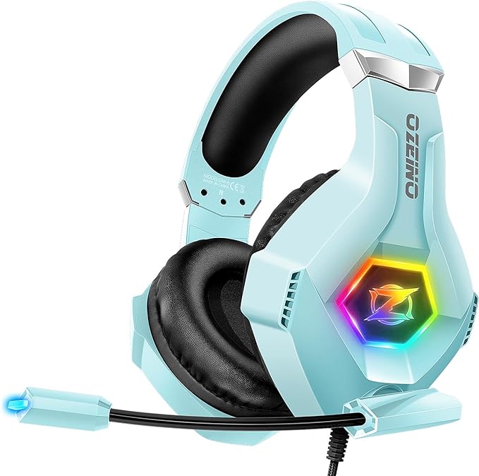 Ozeino Gaming Headset for PC, Ps4, Ps5, Xbox Headset with 7.1 Surround Sound, Gaming Headphones with Noise Cancelling Mic RGB Light Over Ear Headphones for Xbox Series X/S, Switch-Light Blue