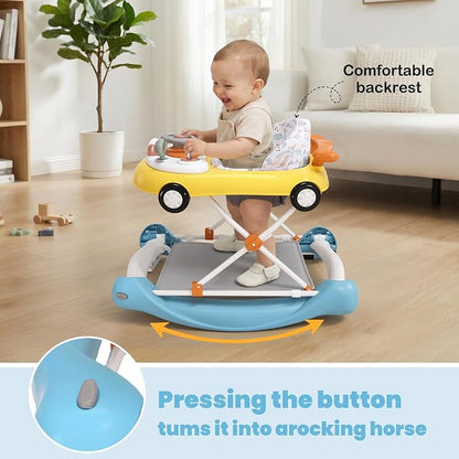 5-in-1 Convertible Baby Walker with Steering Wheel Music Activity Center – Infant Rocker, Jumper, Push Walker, Bouncer & Feeding Foldable Walker for Ages 6-18 Months Boys Girls (Yellow Blue)