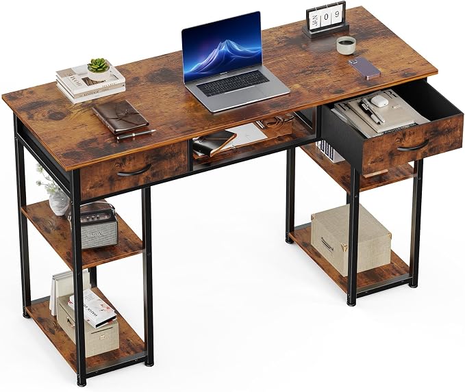 OLIXIS Gaming Desk, Computer Desk with Storage, Fabric Drawers, 48 Inch | Home Office for Small Space Bedroom, Study Work Writing PC Table, Compact Rooms, Brown